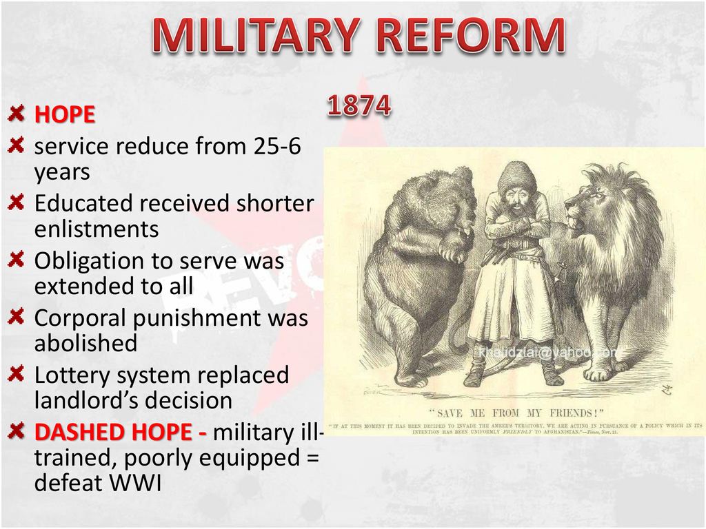 MILITARY REFORM 1874 HOPE service reduce from 25-6 years