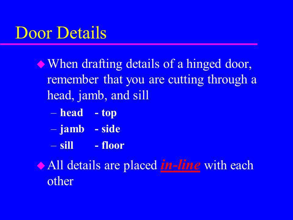 Door Details When drafting details of a hinged door, remember that you are cutting through a head, jamb, and sill.