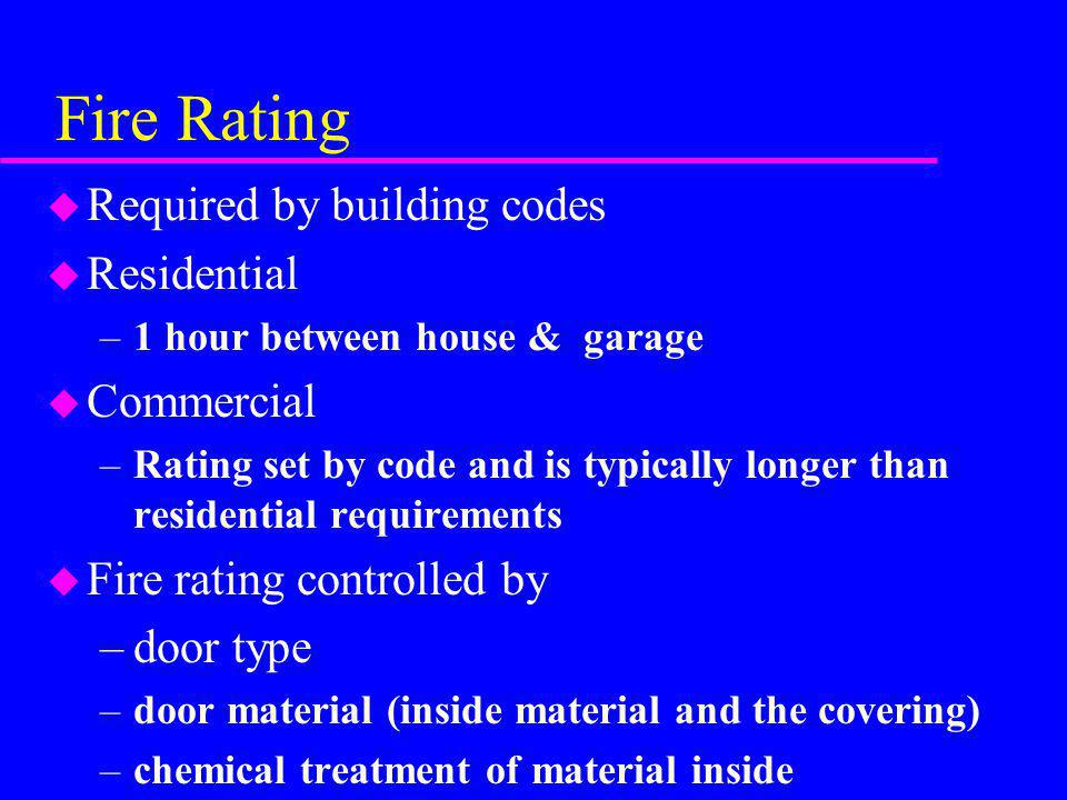 Fire Rating Required by building codes Residential Commercial