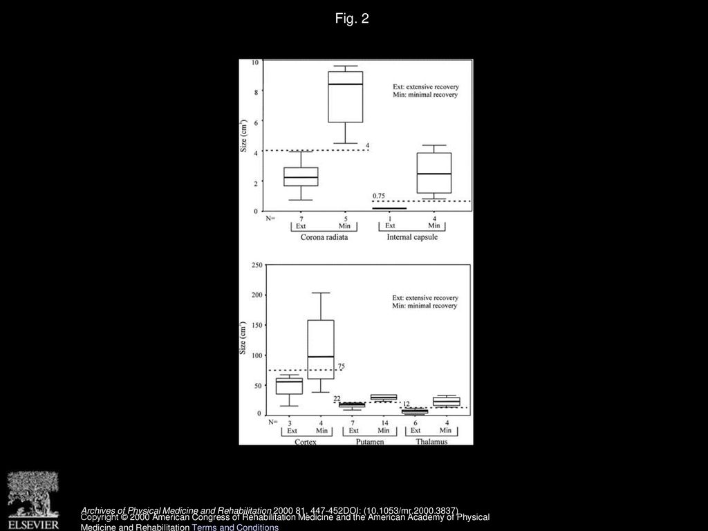 Fig. 2 Delimiting sizes of five primary brain lesion locations determined with boxplots.