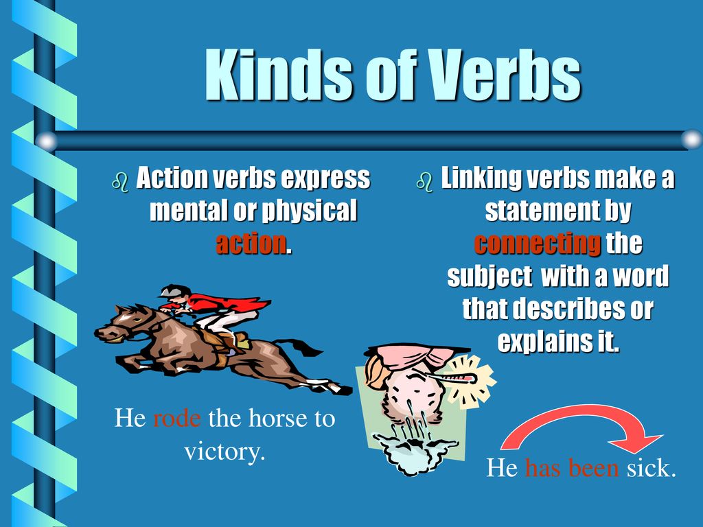 Kinds of Verbs Action verbs express mental or physical action.
