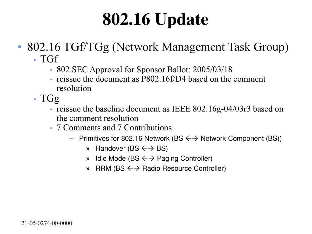 Update TGf/TGg (Network Management Task Group) TGf TGg