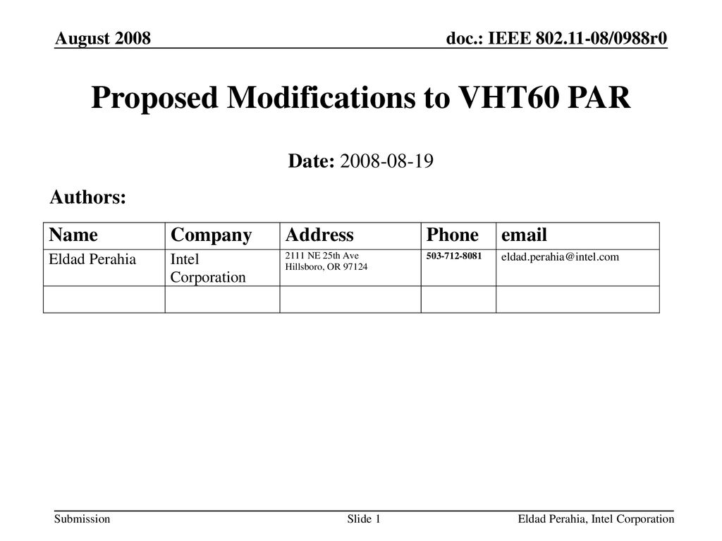 Proposed Modifications to VHT60 PAR
