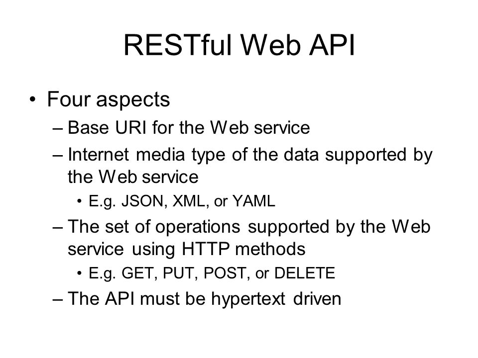 RESTful Web API Four aspects Base URI for the Web service
