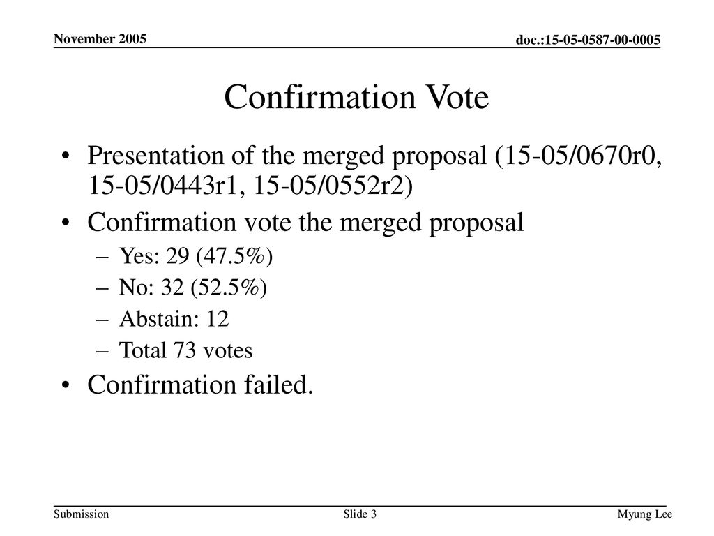 November 2005 Confirmation Vote. Presentation of the merged proposal (15-05/0670r0, 15-05/0443r1, 15-05/0552r2)