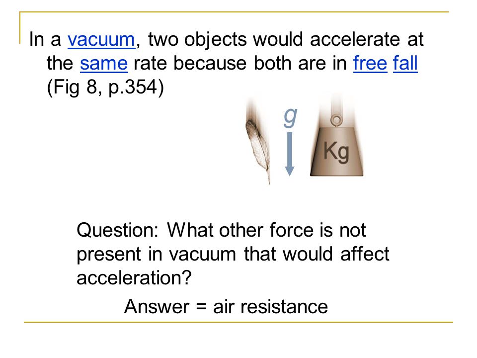 In a vacuum, two objects would accelerate at the same rate because both are in free fall (Fig 8, p.354)