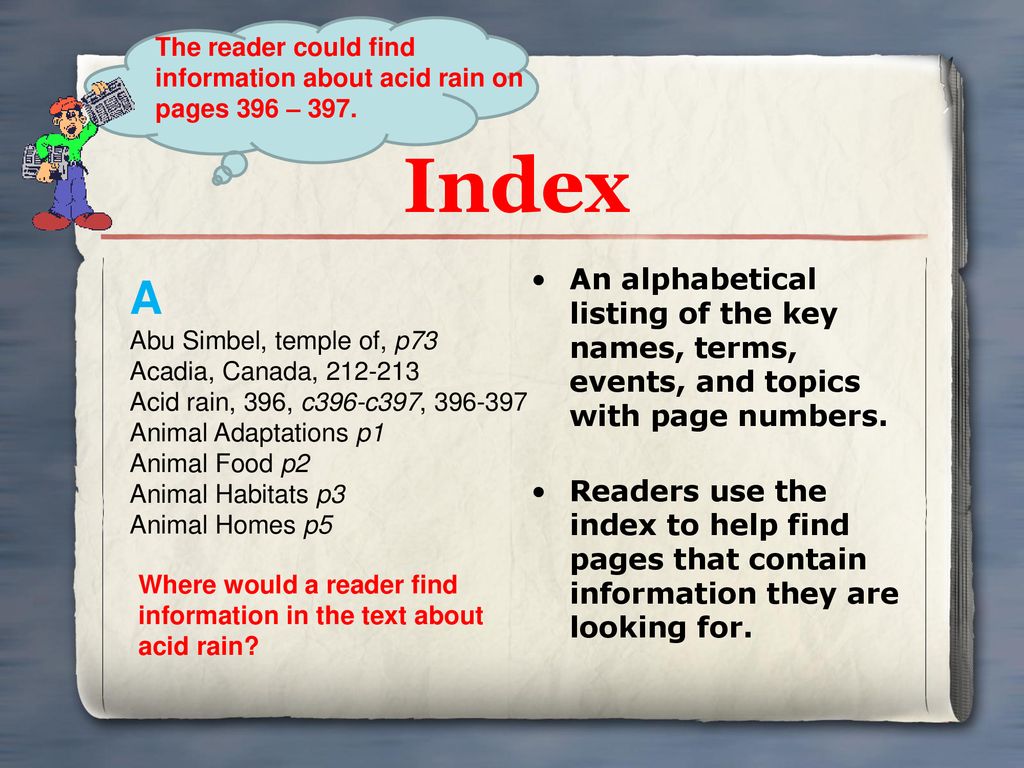 The reader could find information about acid rain on pages 396 – 397.