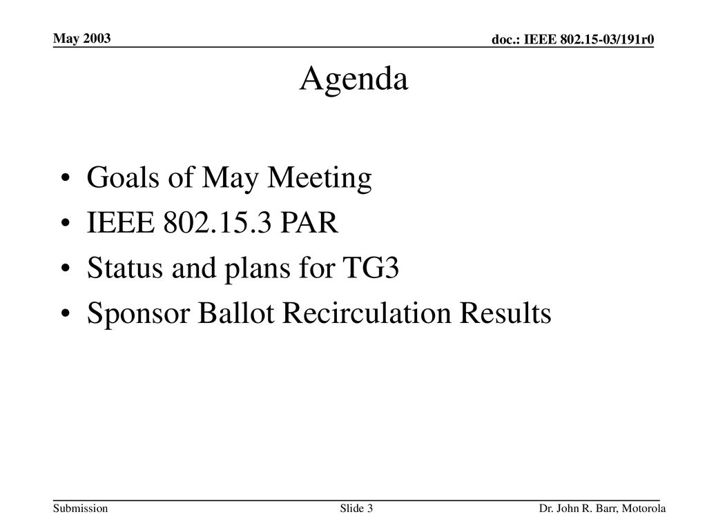 Agenda Goals of May Meeting IEEE PAR Status and plans for TG3