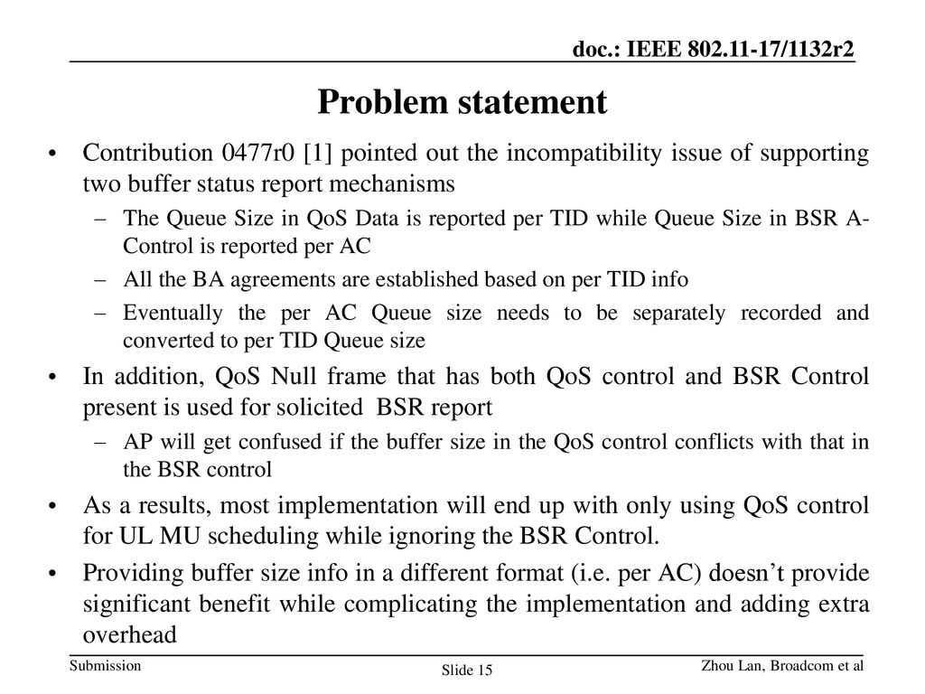 Problem statement Contribution 0477r0 [1] pointed out the incompatibility issue of supporting two buffer status report mechanisms.