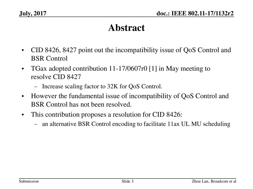 July, 2017 Abstract. CID 8426, 8427 point out the incompatibility issue of QoS Control and BSR Control.