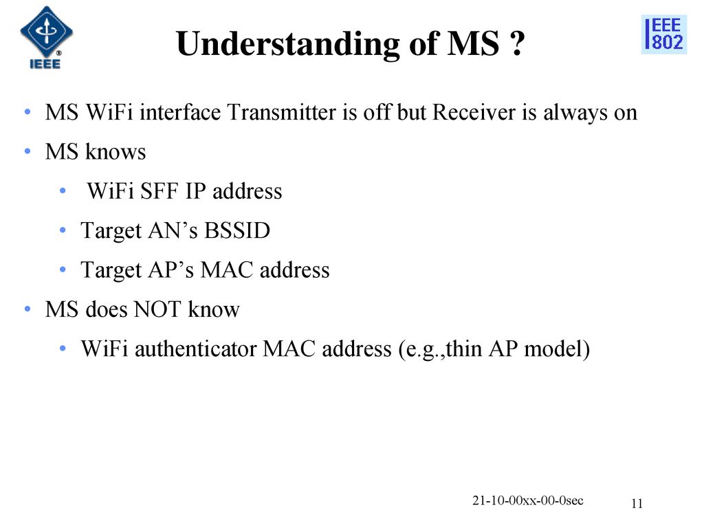 Understanding of MS MS WiFi interface Transmitter is off but Receiver is always on. MS knows. WiFi SFF IP address.