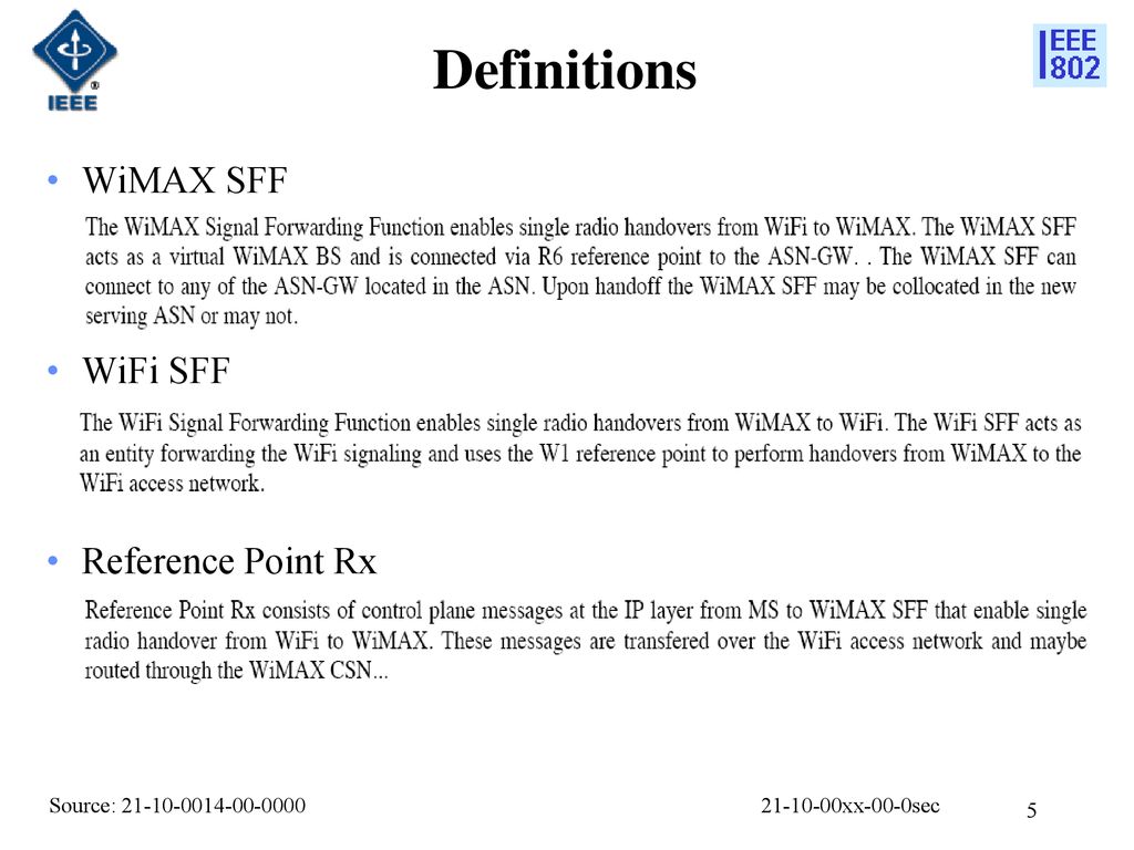 Definitions WiMAX SFF WiFi SFF Reference Point Rx