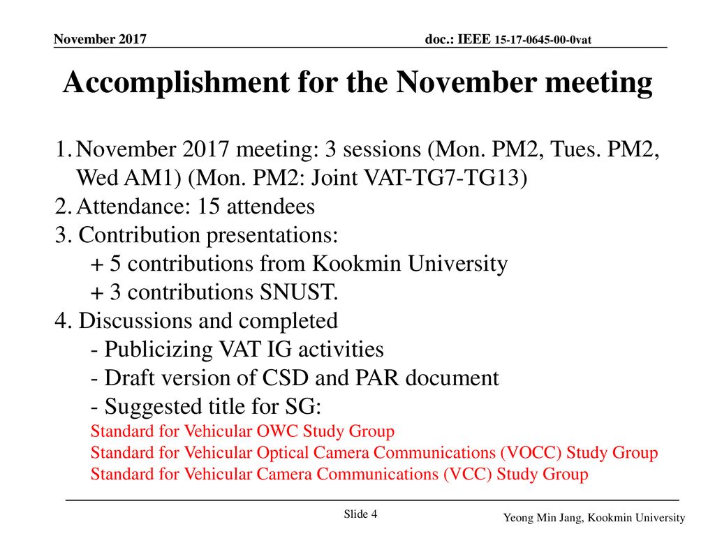 Accomplishment for the November meeting