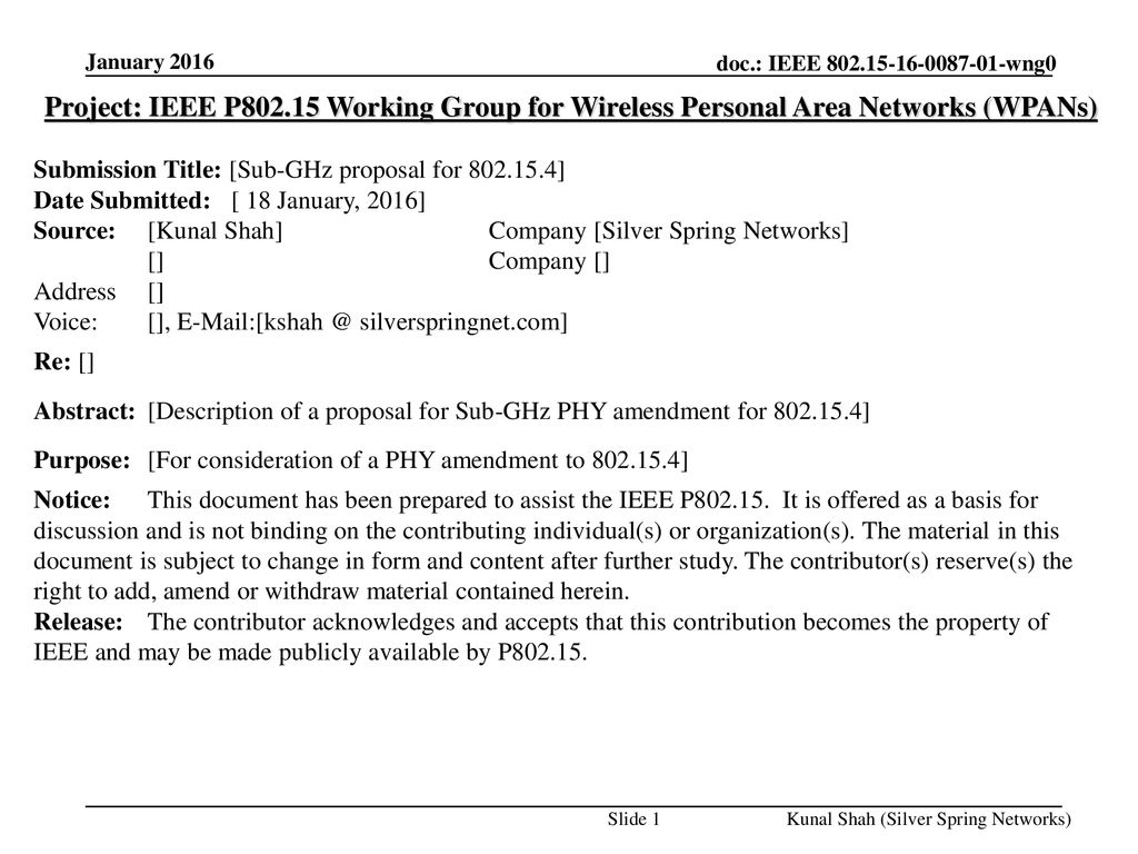 January 2016 Project: IEEE P Working Group for Wireless Personal Area Networks (WPANs) Submission Title: [Sub-GHz proposal for ]
