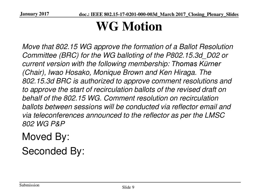 WG Motion Moved By: Seconded By: