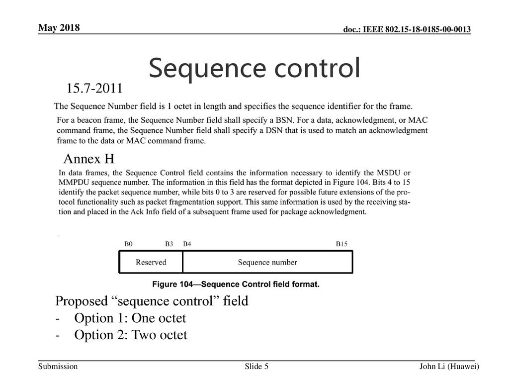 Sequence control Annex H Proposed sequence control field