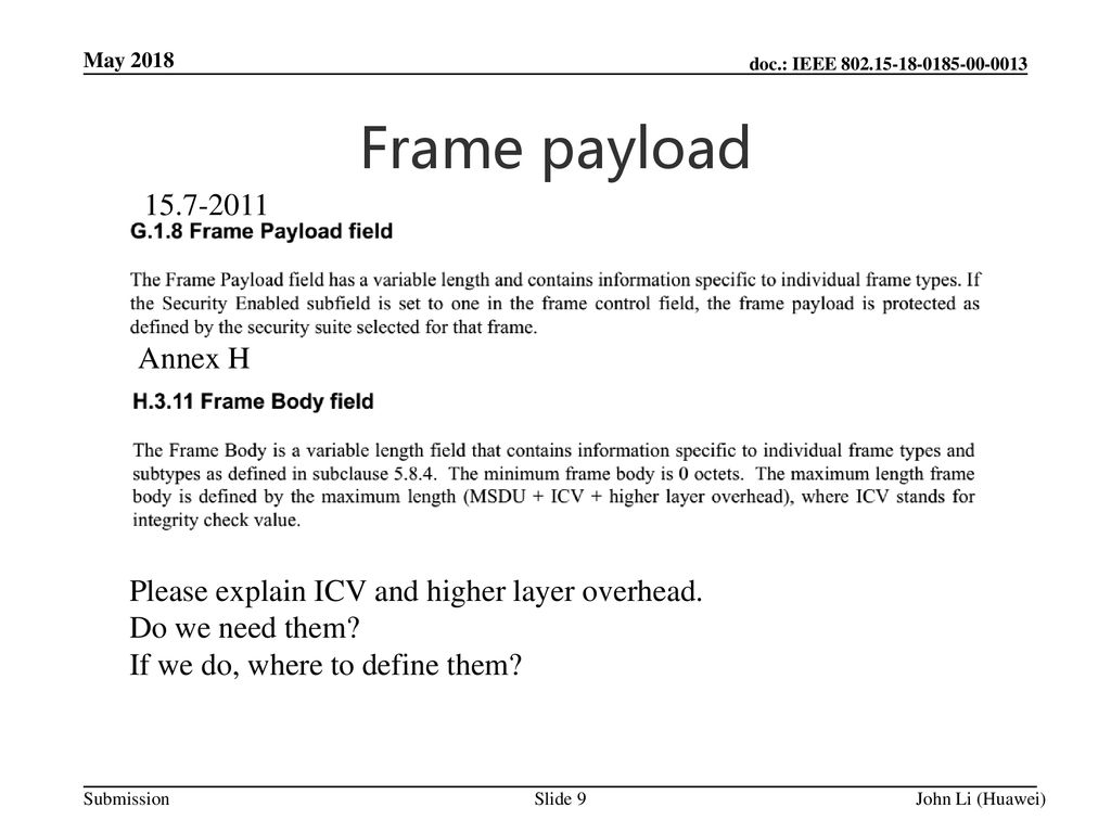 May 2018 Frame payload Annex H. Please explain ICV and higher layer overhead. Do we need them