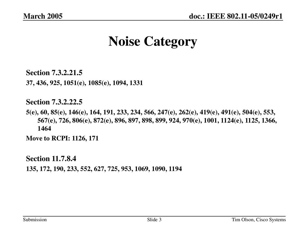 Noise Category March 2005 Section Section
