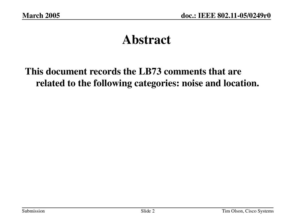 March 2005 doc.: IEEE /0249r0. March Abstract.