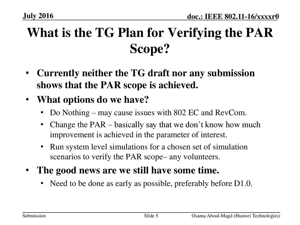 What is the TG Plan for Verifying the PAR Scope