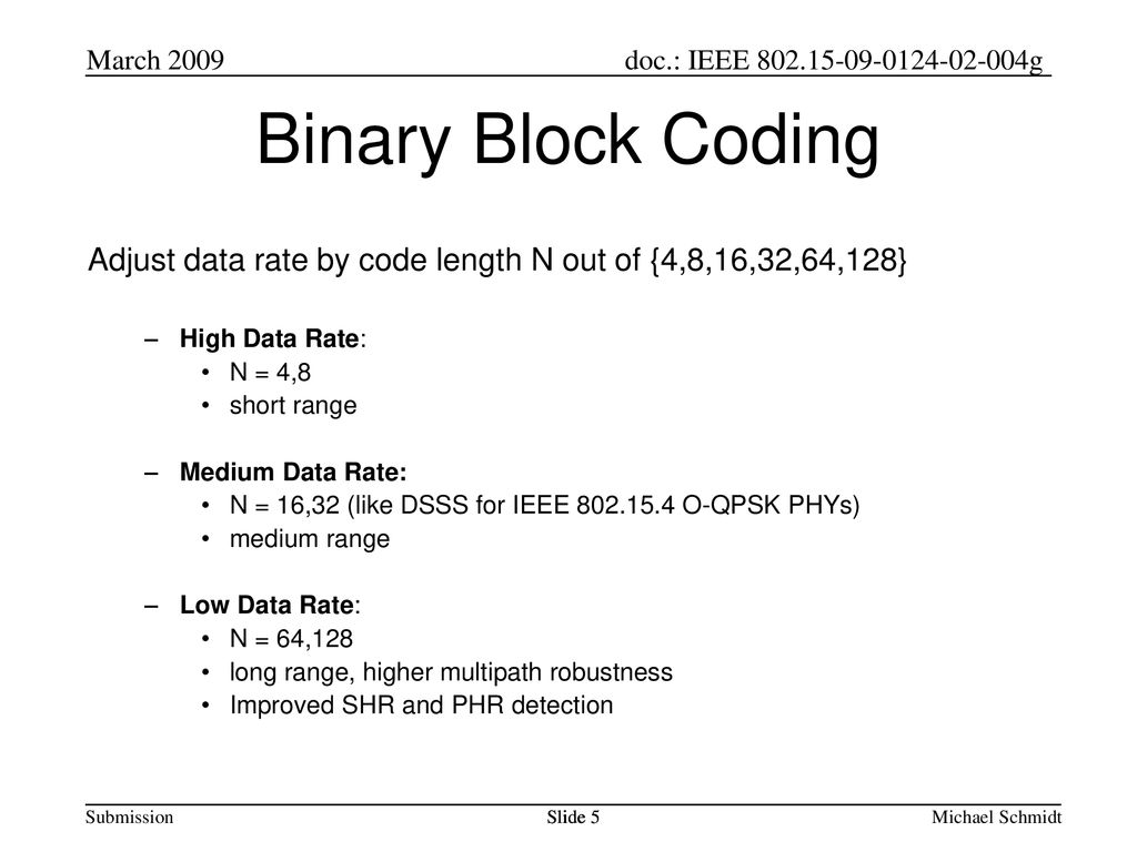March 2009 Binary Block Coding. Adjust data rate by code length N out of {4,8,16,32,64,128} High Data Rate: