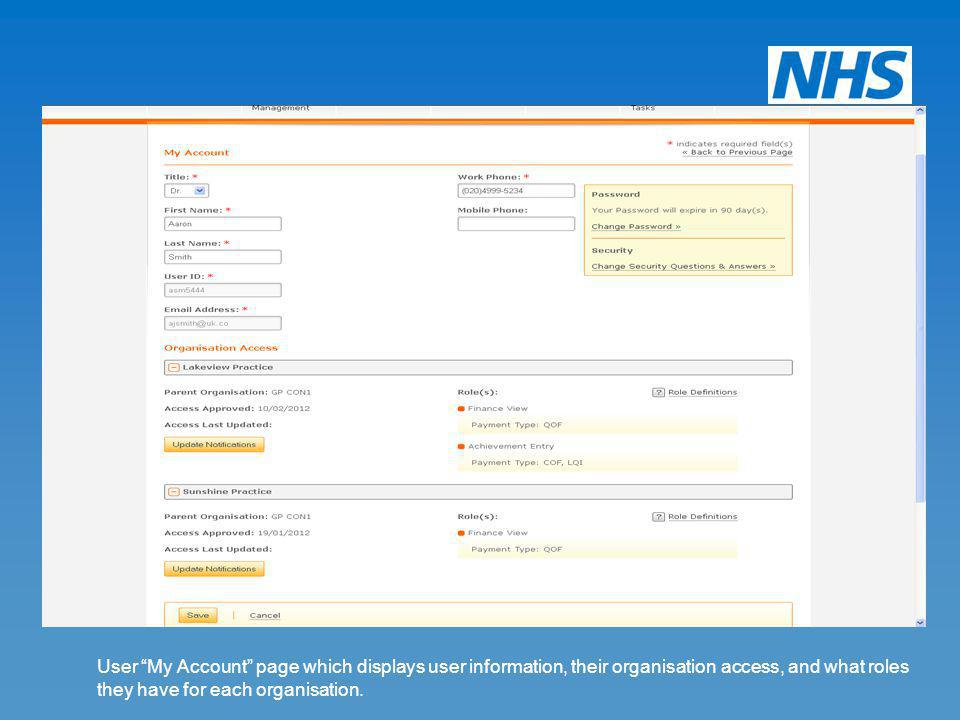 User My Account page which displays user information, their organisation access, and what roles they have for each organisation.