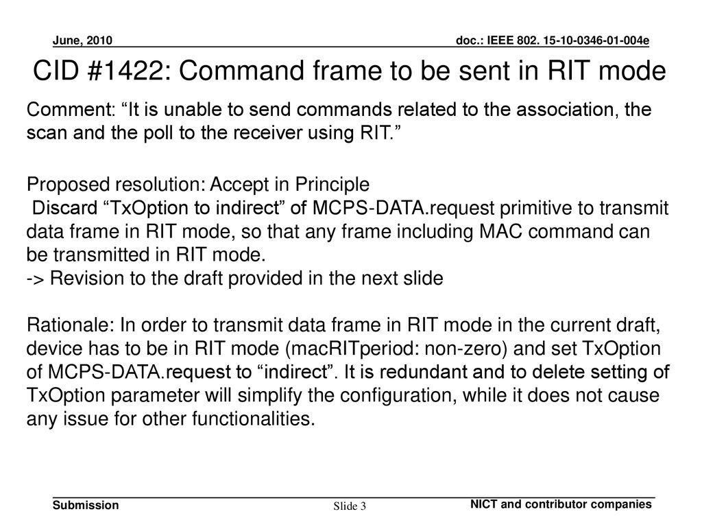 CID #1422: Command frame to be sent in RIT mode