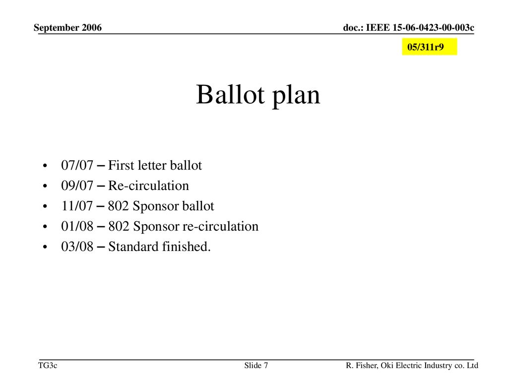 Ballot plan 07/07 – First letter ballot 09/07 – Re-circulation