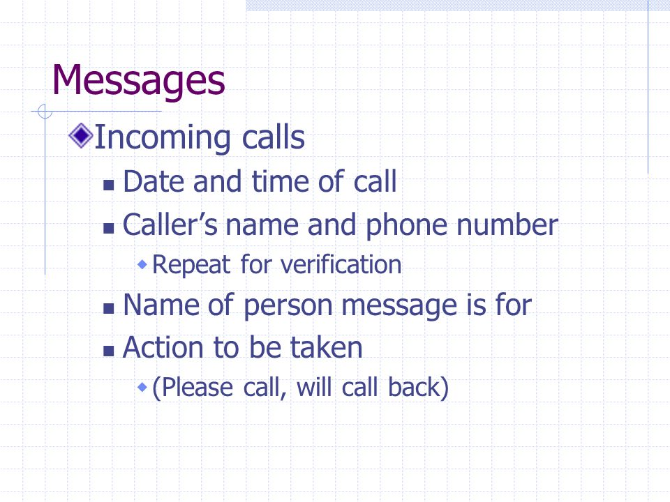 Messages Incoming calls Date and time of call