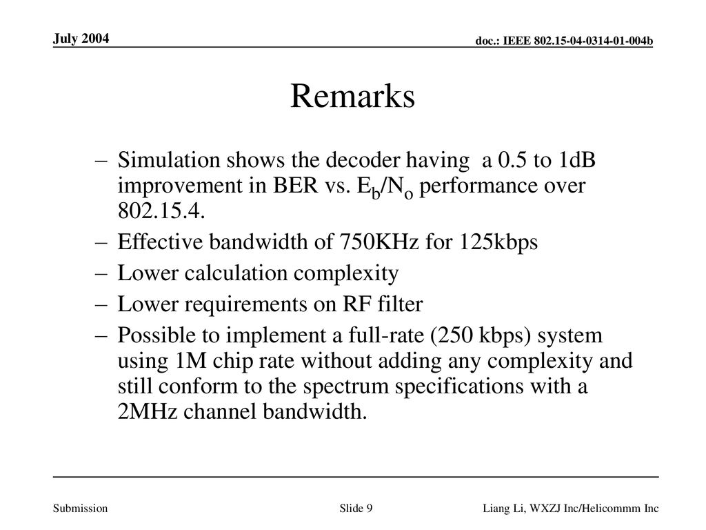 July 2004 Remarks. Simulation shows the decoder having a 0.5 to 1dB improvement in BER vs. Eb/No performance over