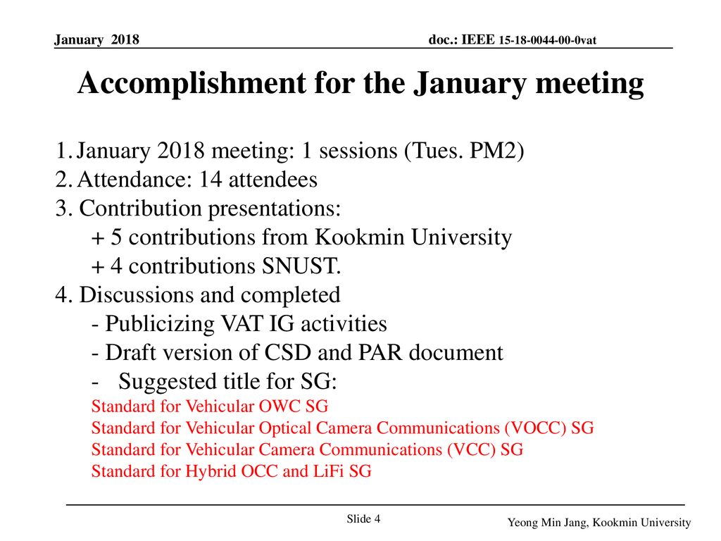 Accomplishment for the January meeting