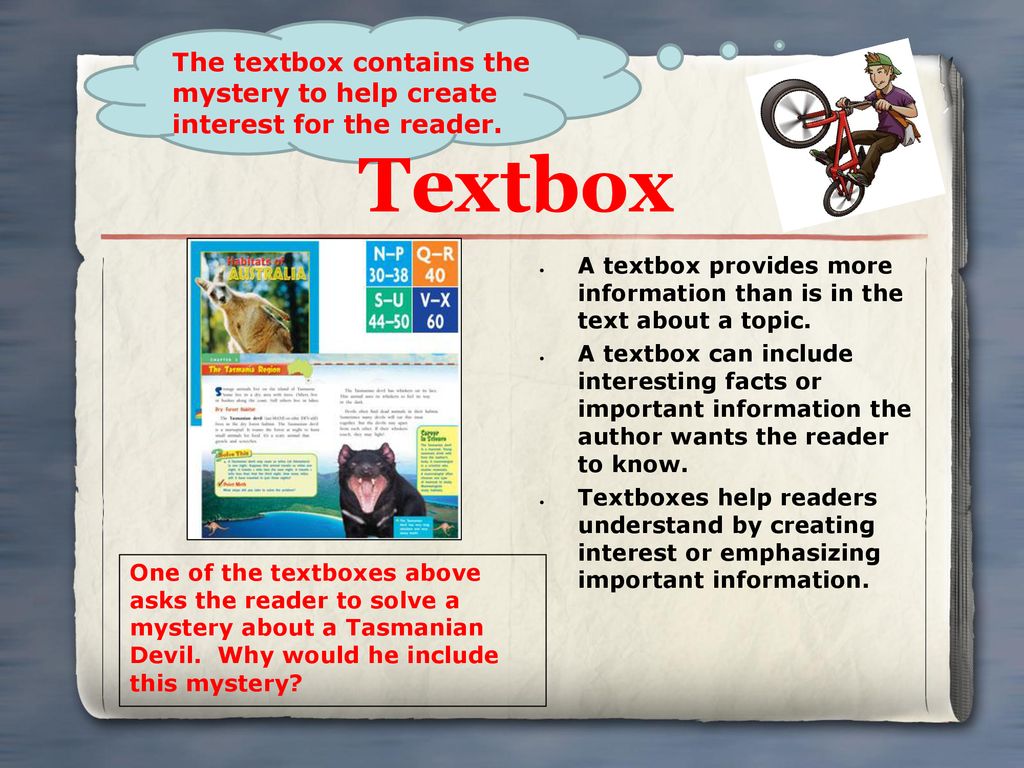The textbox contains the mystery to help create interest for the reader. Textbox.