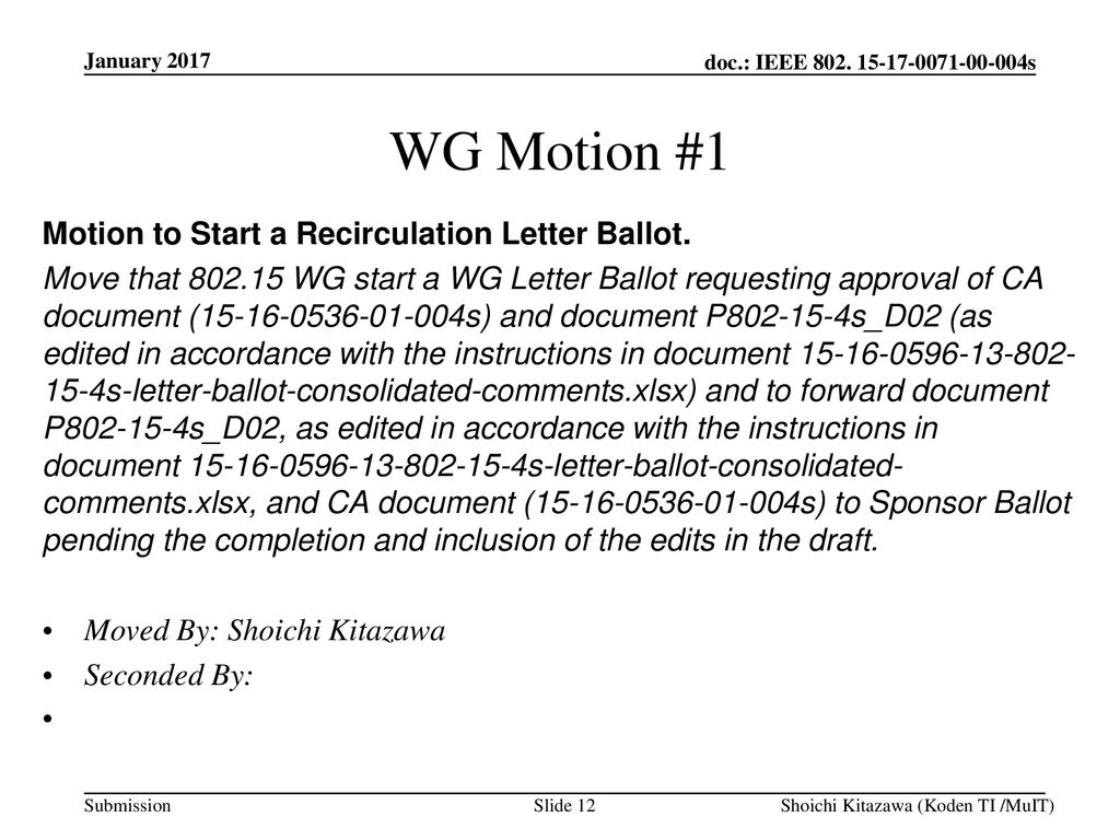 WG Motion #1 Motion to Start a Recirculation Letter Ballot.
