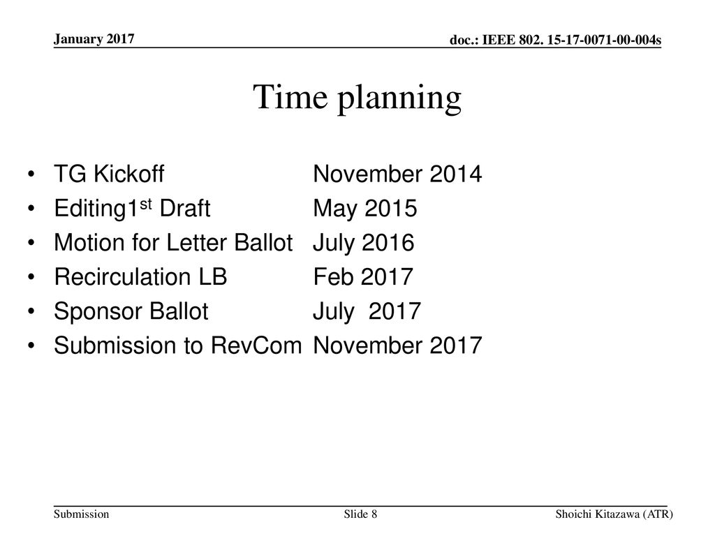 Time planning TG Kickoff November 2014 Editing1st Draft May 2015