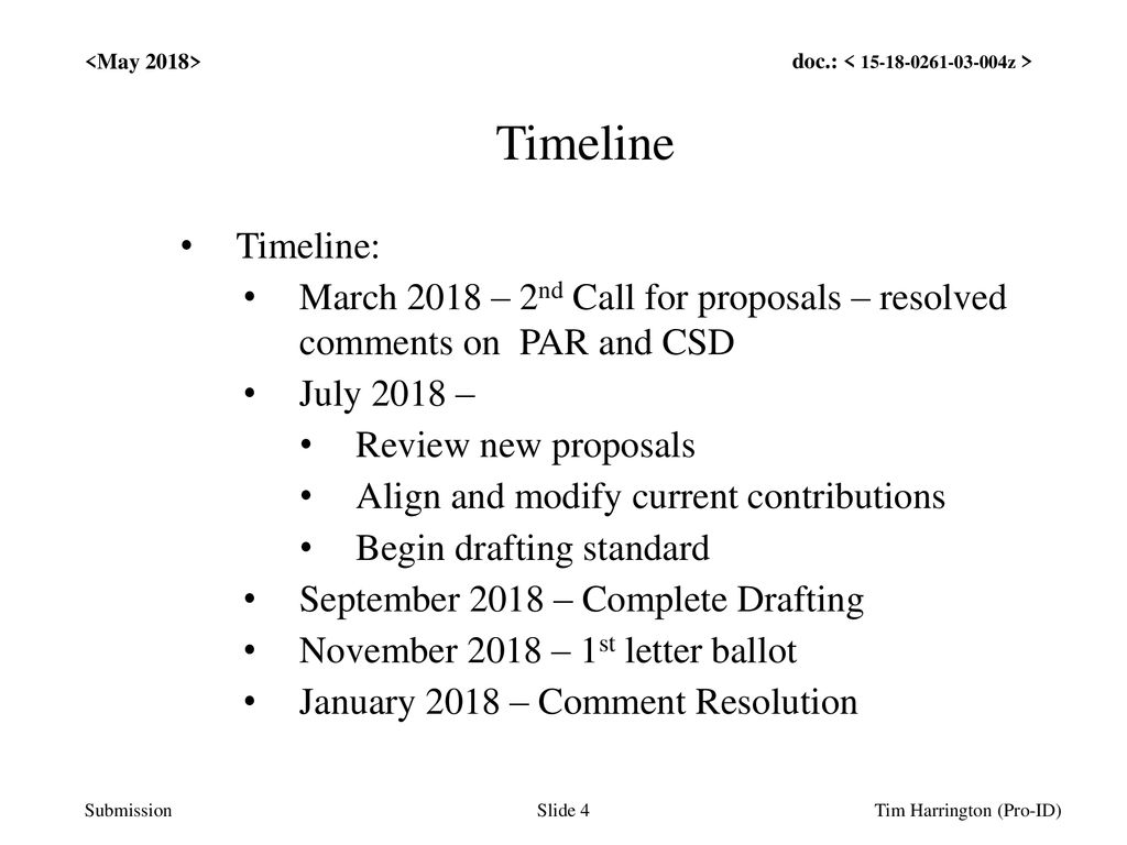 Jul 12, /12/10. <May 2018> Timeline. Timeline: March 2018 – 2nd Call for proposals – resolved comments on PAR and CSD.