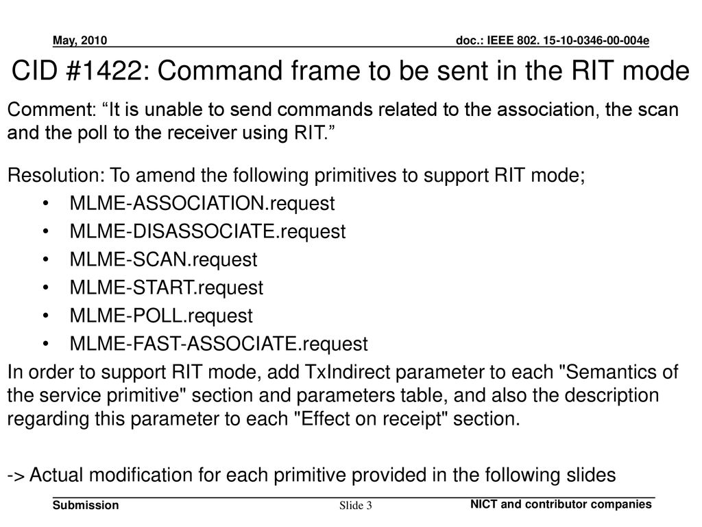 CID #1422: Command frame to be sent in the RIT mode