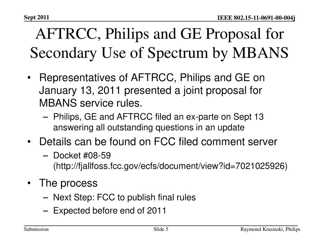 AFTRCC, Philips and GE Proposal for Secondary Use of Spectrum by MBANS