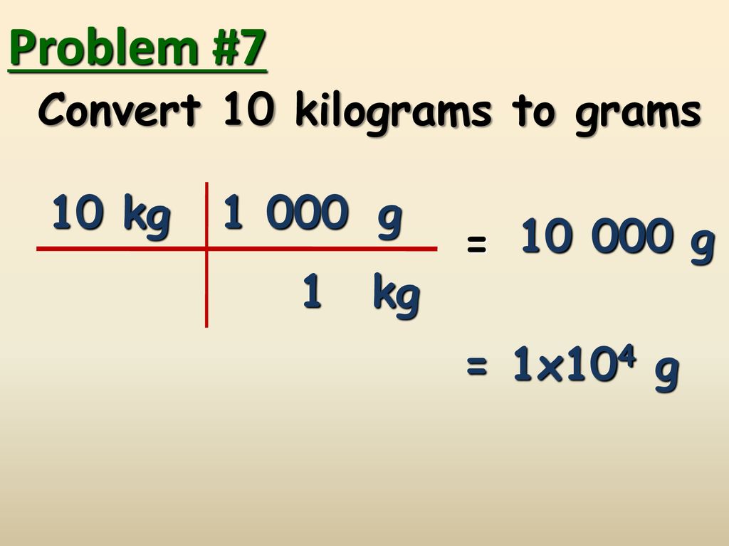 Problem #7 Convert 10 kilograms to grams 10 kg g g = 1 kg