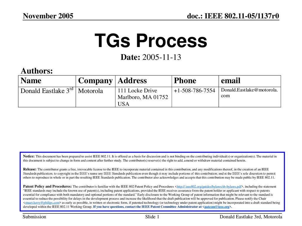 TGs Process Date: Authors: November 2005 November 2005