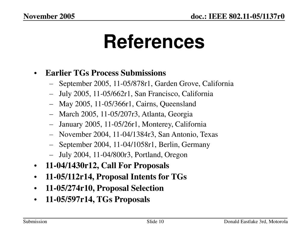 References Earlier TGs Process Submissions