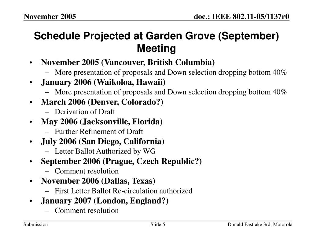 Schedule Projected at Garden Grove (September) Meeting