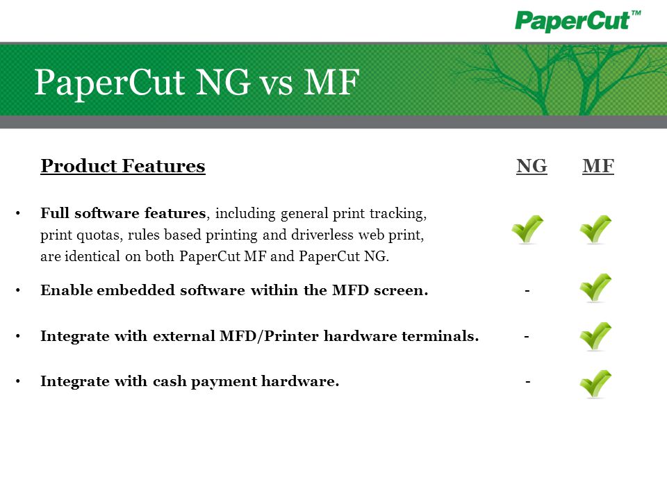 PaperCut NG vs MF Product Features NG MF