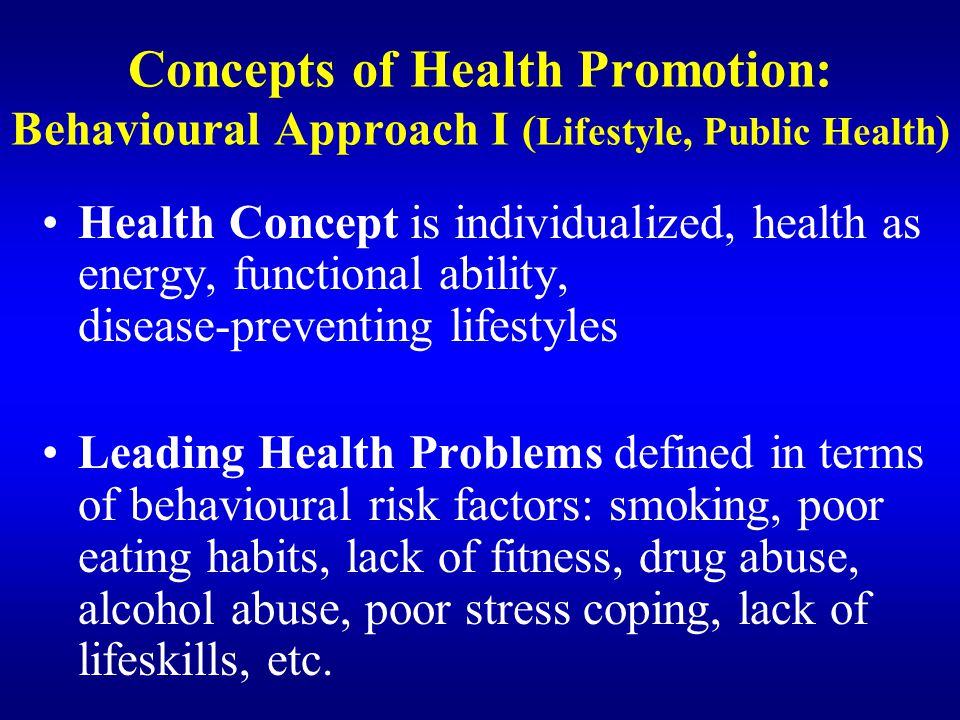 Concepts of Health Promotion: Behavioural Approach I (Lifestyle, Public Health)