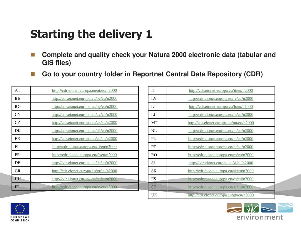 Starting the delivery 1 Complete and quality check your Natura 2000 electronic data (tabular and GIS files)