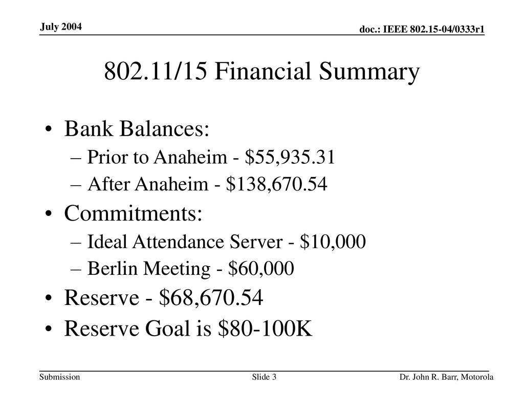 802.11/15 Financial Summary Bank Balances: Commitments: