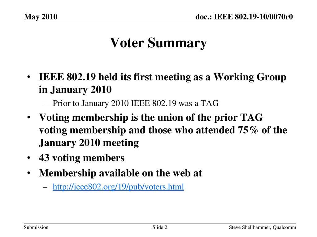 May 2010 Voter Summary. IEEE held its first meeting as a Working Group in January Prior to January 2010 IEEE was a TAG.