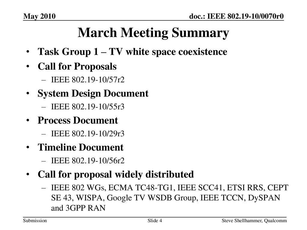 March Meeting Summary Task Group 1 – TV white space coexistence