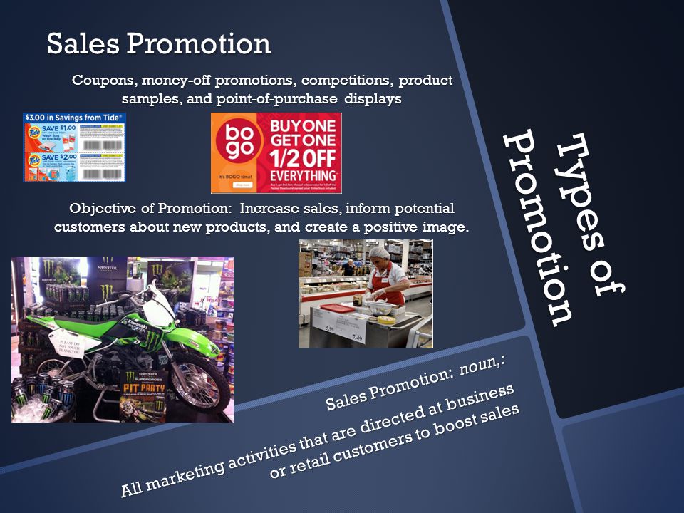 Types of Promotion Sales Promotion Sales Promotion: noun,: