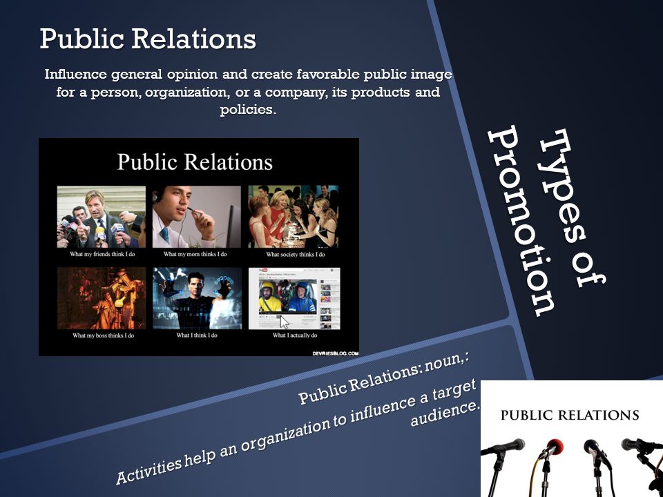 Types of Promotion Public Relations Public Relations: noun,: