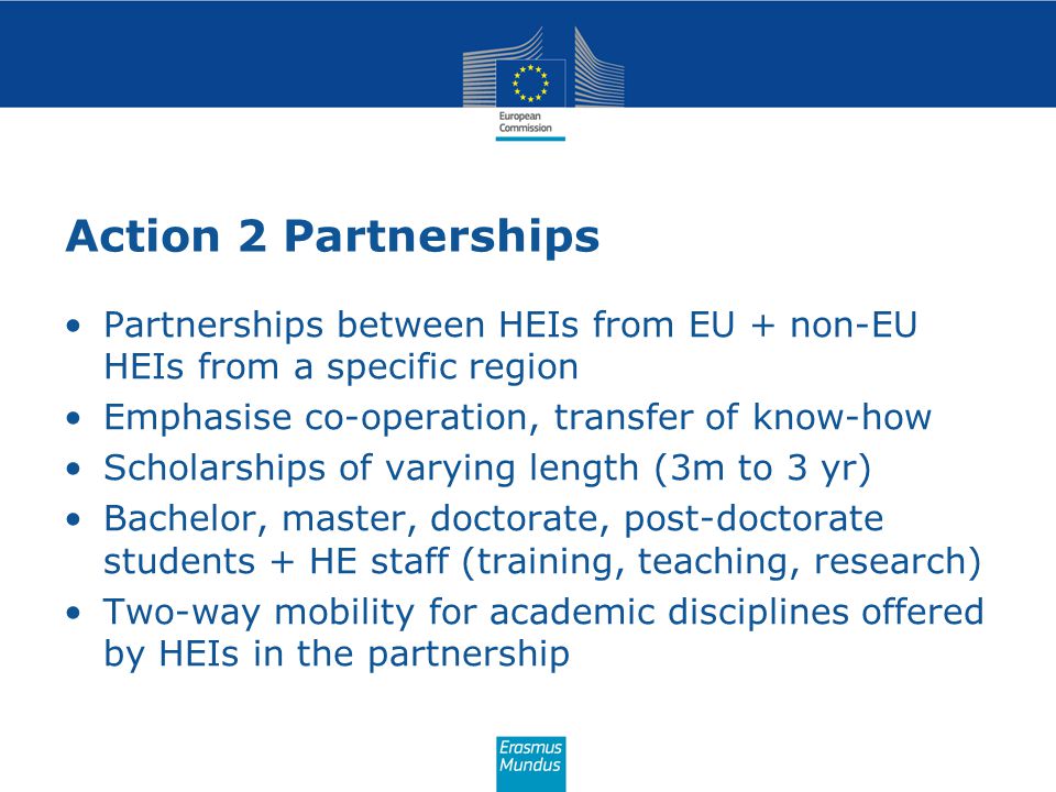 Action 2 Partnerships Partnerships between HEIs from EU + non-EU HEIs from a specific region. Emphasise co-operation, transfer of know-how.